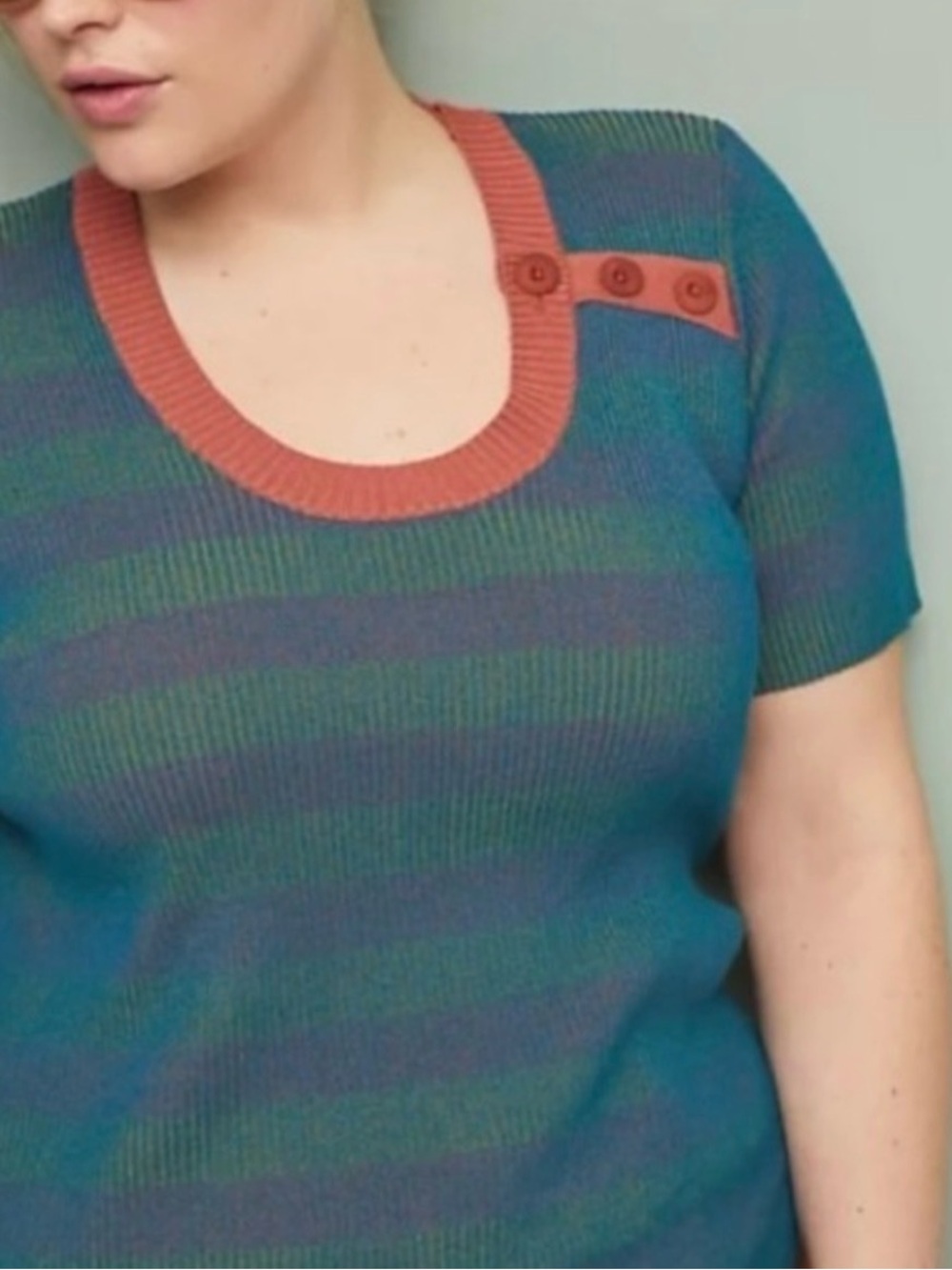 Anthropologie Ribbed Scoop-Neck Short Sleeve Sweater in Teal, Green & Rust